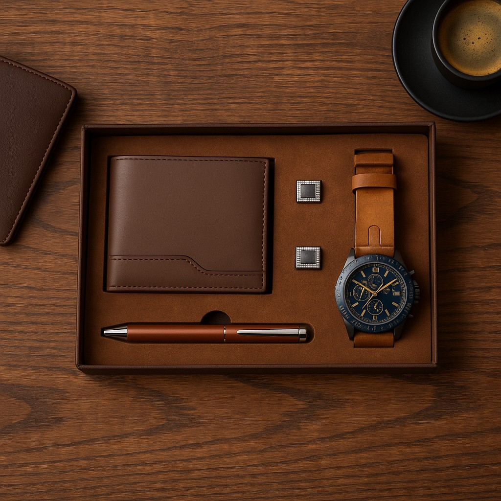 Set de lux cu ceas de mână, pix, manșete și portofel -Cadoul perfect pentru El